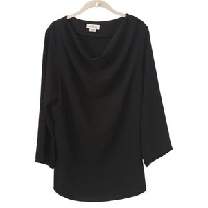Emmelle Black Weighted Cowl Neck Tunic Top Draped Minimalist Workwear 3/4 Sleeve